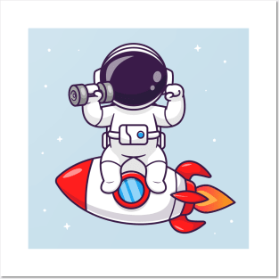 Cute Astronaut Lifting Dumbbell On Rocket Cartoon Posters and Art